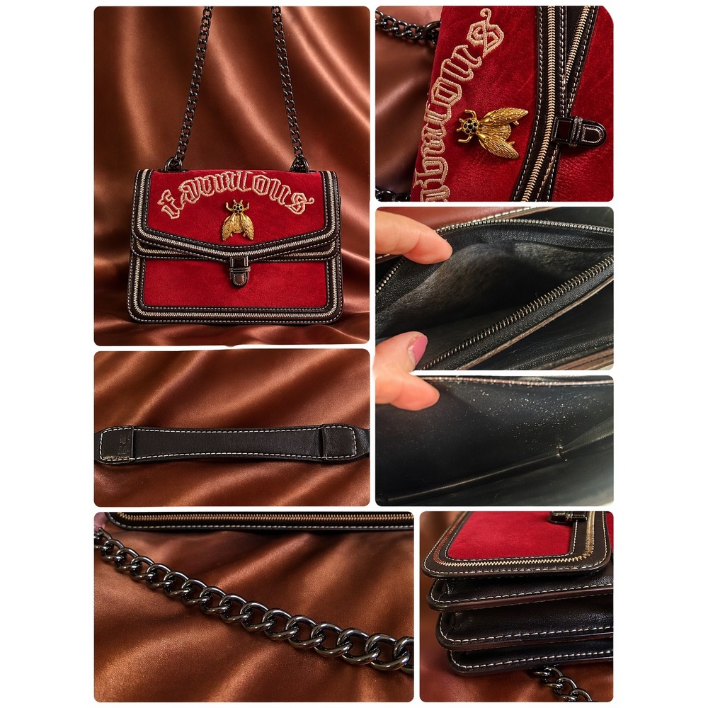Fabulous Red Embroidered Bee Chain Gothic Statement Purse Leather Trim - Picture 3 of 3